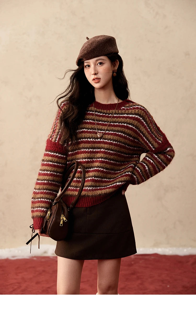 Mishow Christmas Retro Striped Wool Blend Button Sweater MXD59Z1060