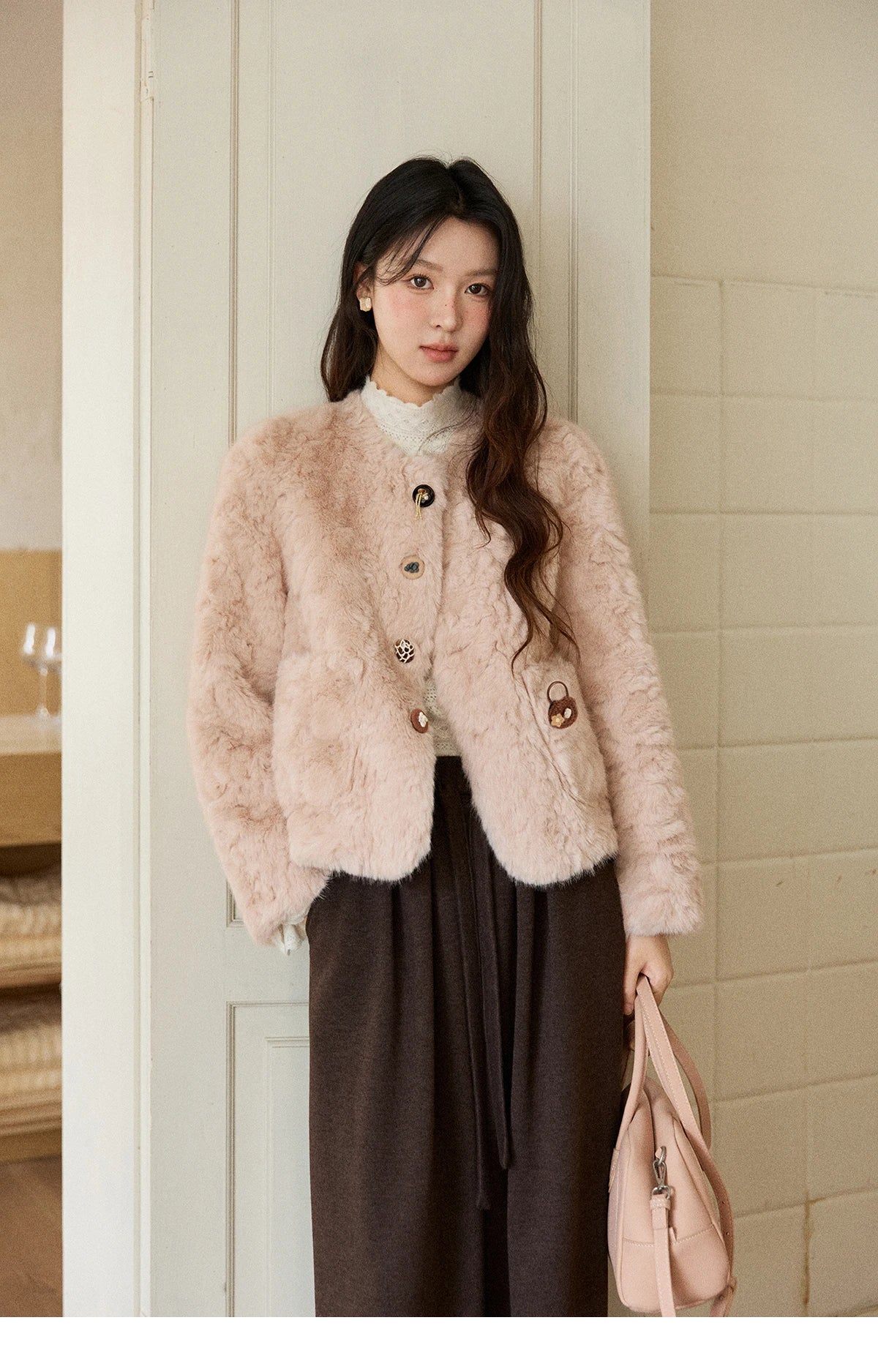 Mishow Sweet Pink Faux Rabbit Fur Coat MXE87W0990