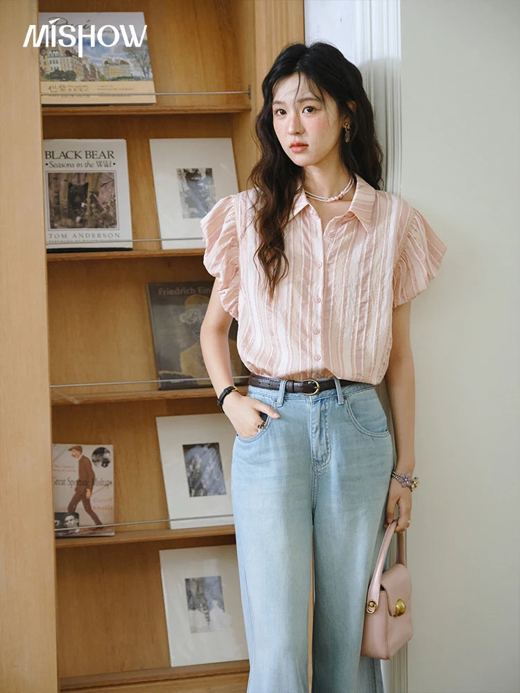 MISHOW Pink Turn-Down Collar Shirt Flower Bud Sleeve Striped MXD24C0204