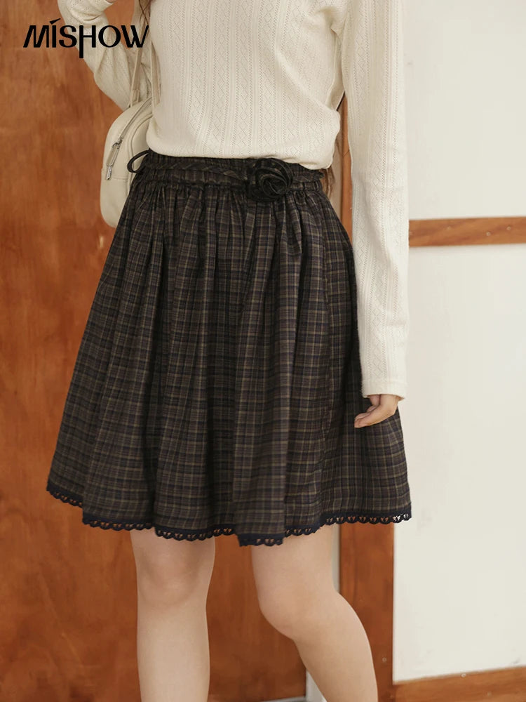 Mishow Green Plaid Handmade Flower Lace Skirt MXE44B2407