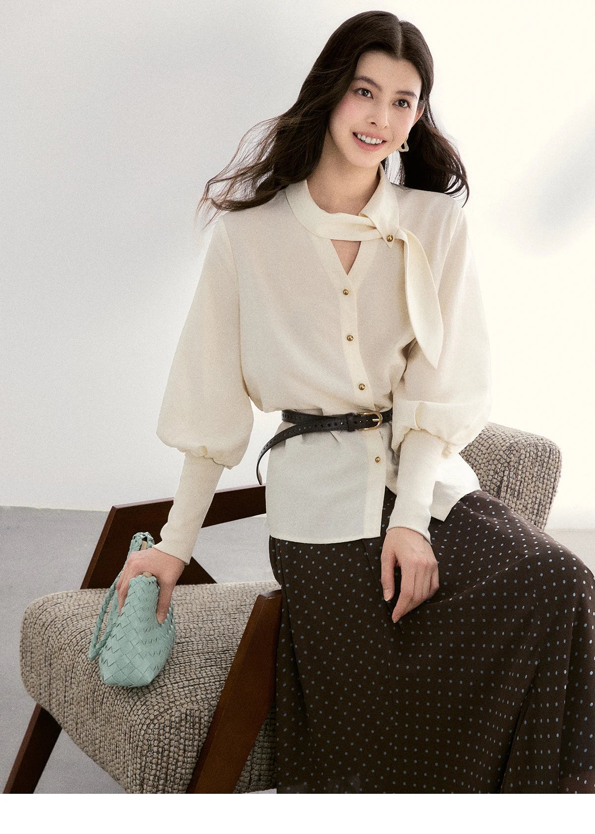 MISHOW Women's Tie Neck Shirt Hollow Out Knitted Patchwork Puff Sleeve MXF108C0812