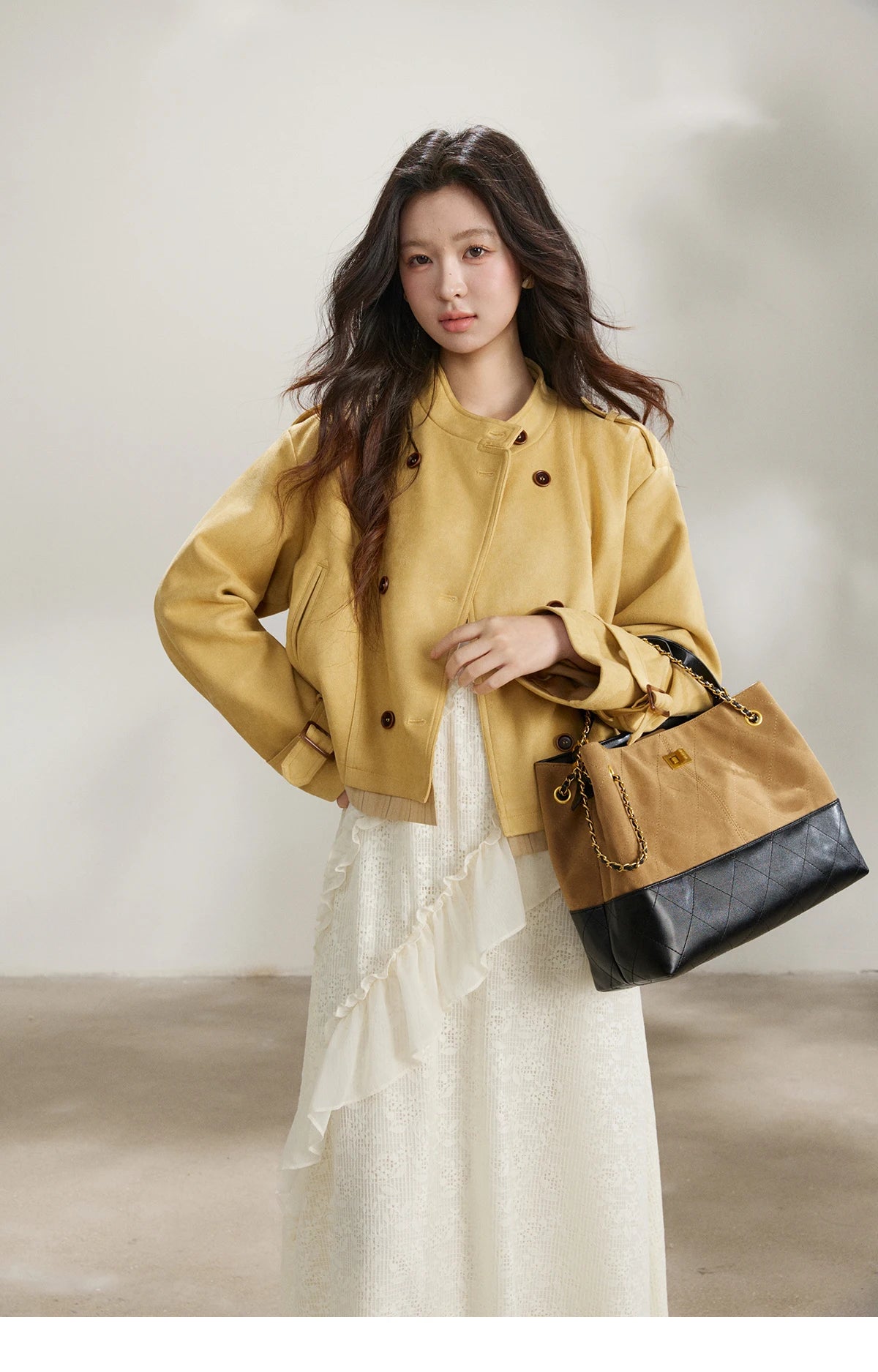 Mishow Yellow Double-Breasted Stand Collar Trench MXF11W1026