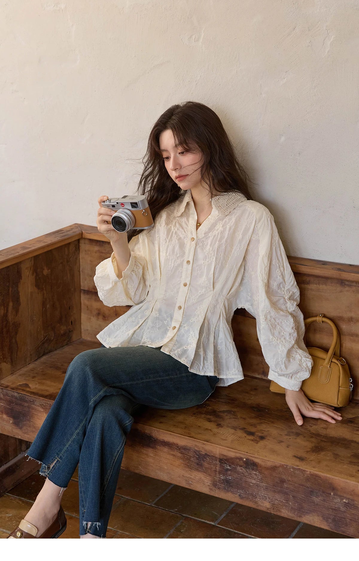 MISHOW French Lace Blouse Lantern Sleeve Ruffle Hem MXE42C2372