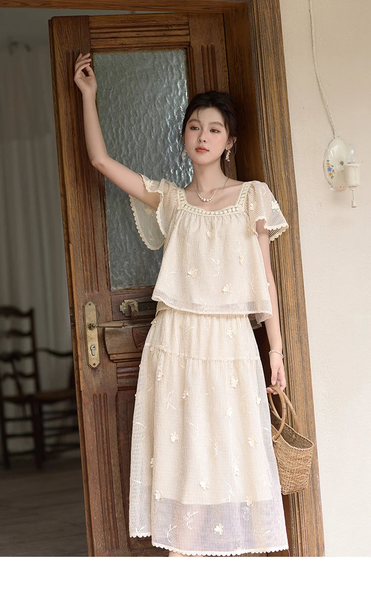 MISHOW Butterfly Flying Sleeve Blouse & Elastic Waist Skirt Set MXD29X1559