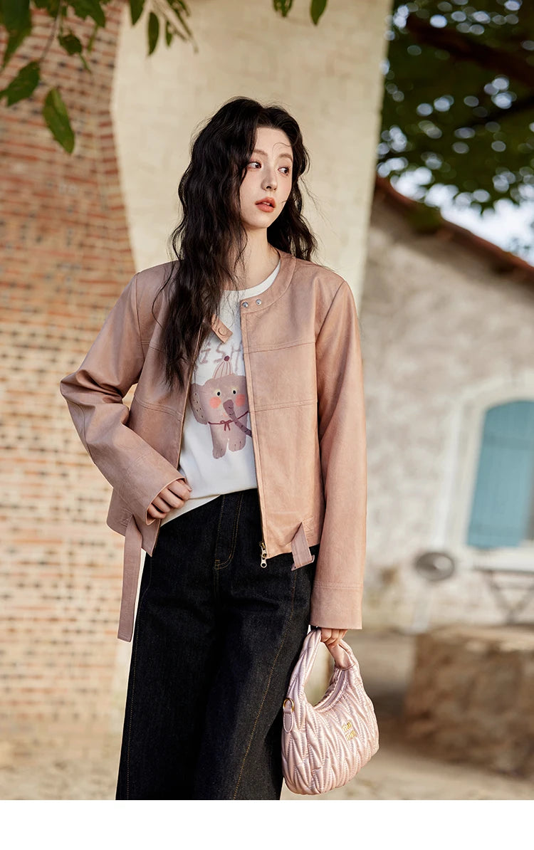 MISHOW Pink Leather Jacket Slim Fit Long Sleeve MXE11W0714