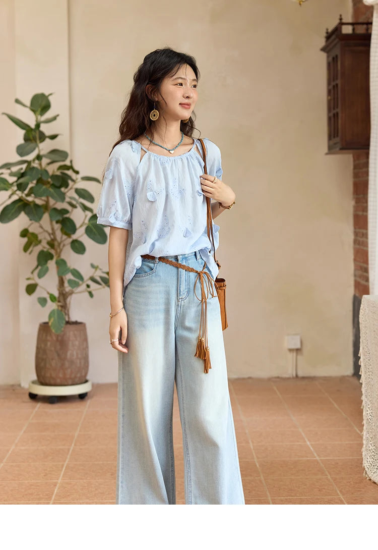 MISHOW Butterfly Embroidery Blouse Hollow Out O-Neck MXE36X1878