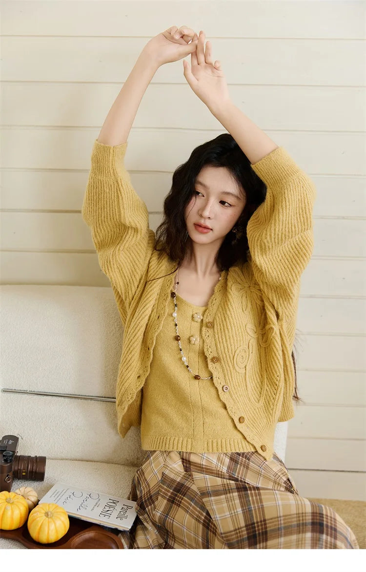 Mishow Yellow V-Neck Cardigan & Slim Camisole Set MXE45T0742