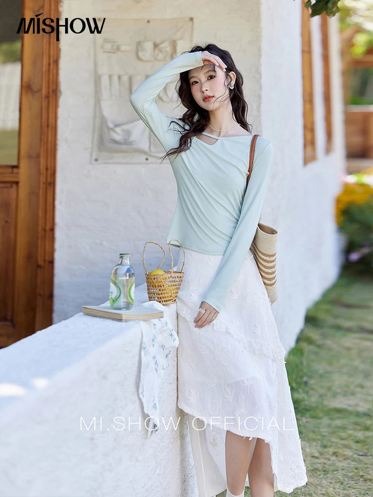 Mishow Irregular Hollow Neck Slim Solid Top MXE13Z1116