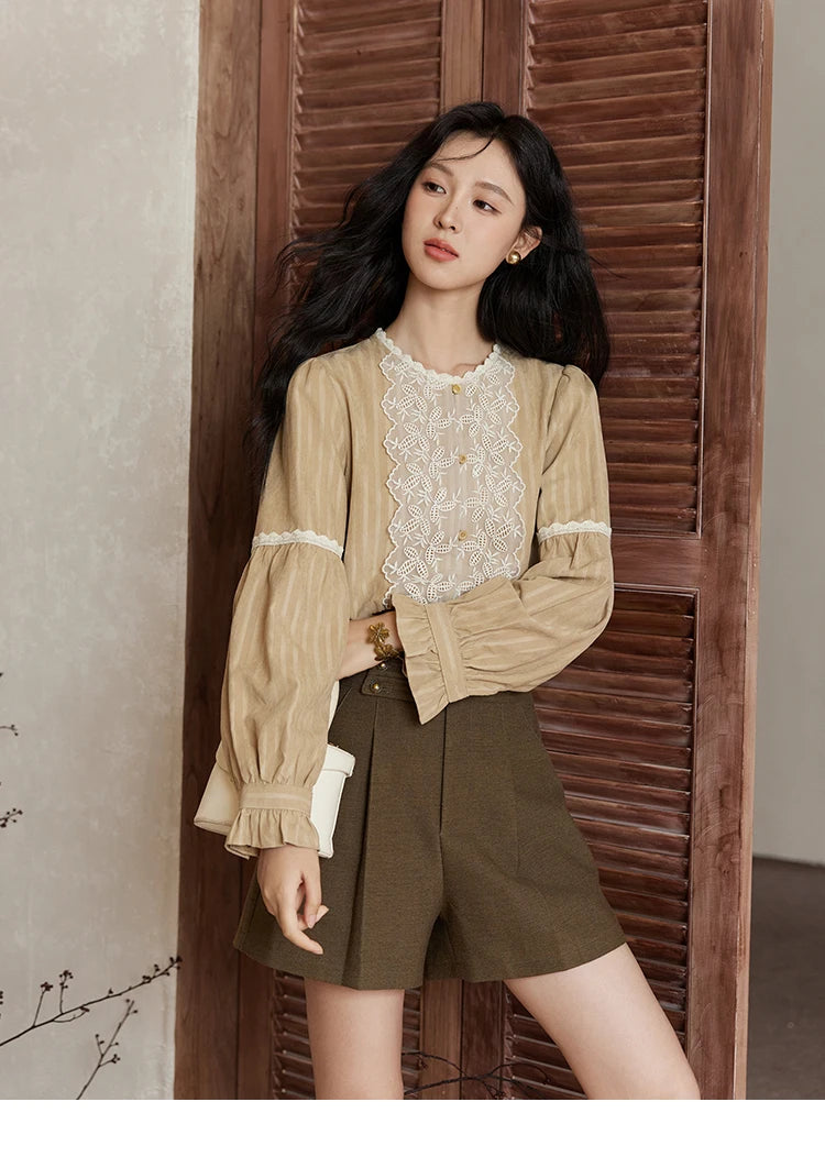 MISHOW Mesh Embroidery Blouse Lace Collar Lantern Sleeve MXD47X1664