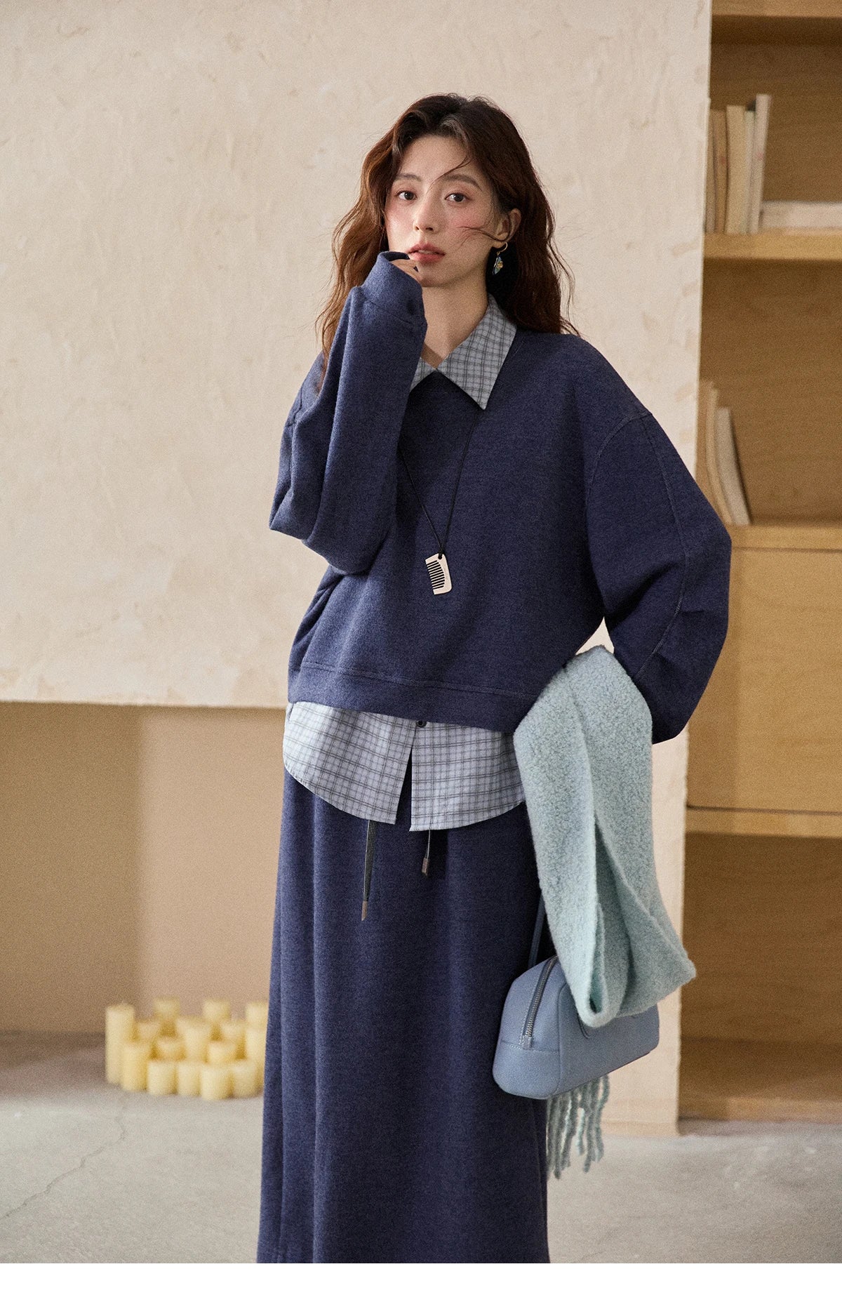 Mishow Blue Plaid Knit Top & Straight Skirt Set MXE87T1445