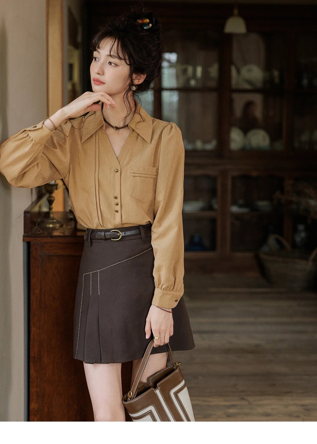 MISHOW French Lapel V-Neck Shirt Retro Button Pockets MXD43C0306