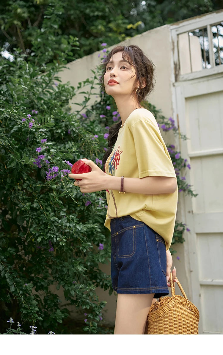 Mishow Embroidered Flower Pocket Wide Leg Denim Shorts MXD26K0707