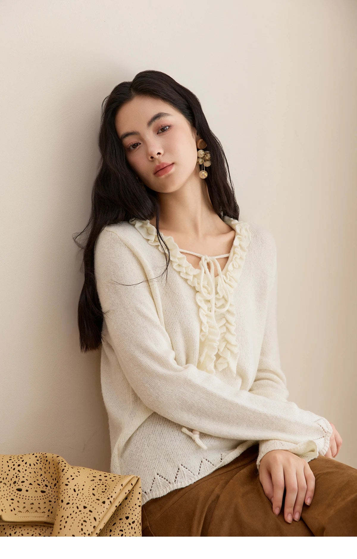 Mishow Beige V-Neck Wood Ear Hollow Sweater MXE51Z2595