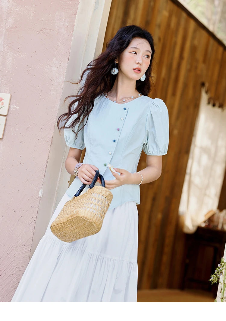 MISHOW Bubble Sleeve Blouse Irregular Placket Rainbow Buttons MXE34X1782