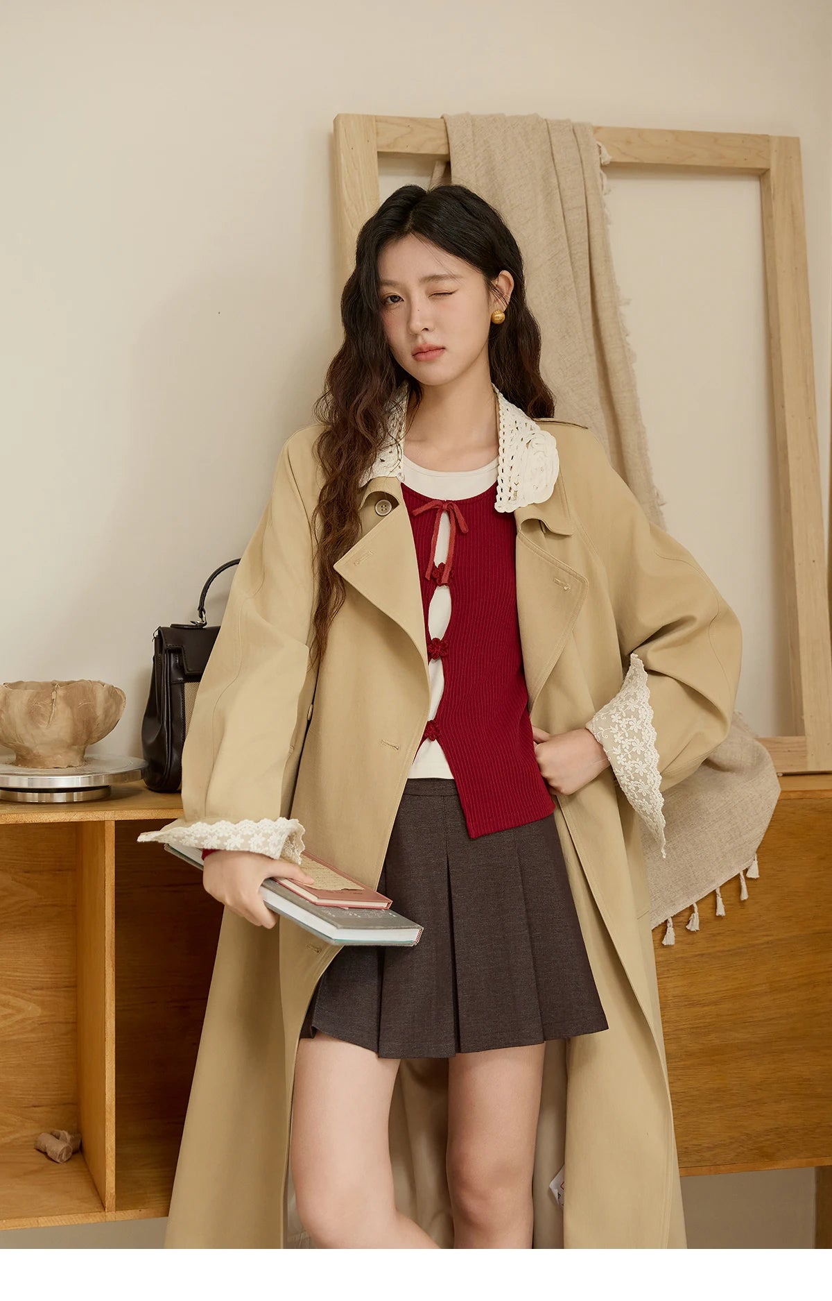 Mishow Light Khaki Lace Long Trench Coat MXE45W0830