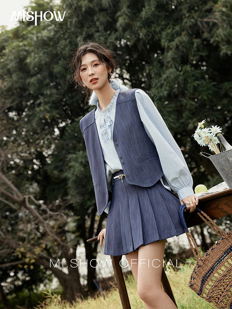 Mishow V-Neck Vest Coat & Pleated A-Line Skirt Set MXE31T0505