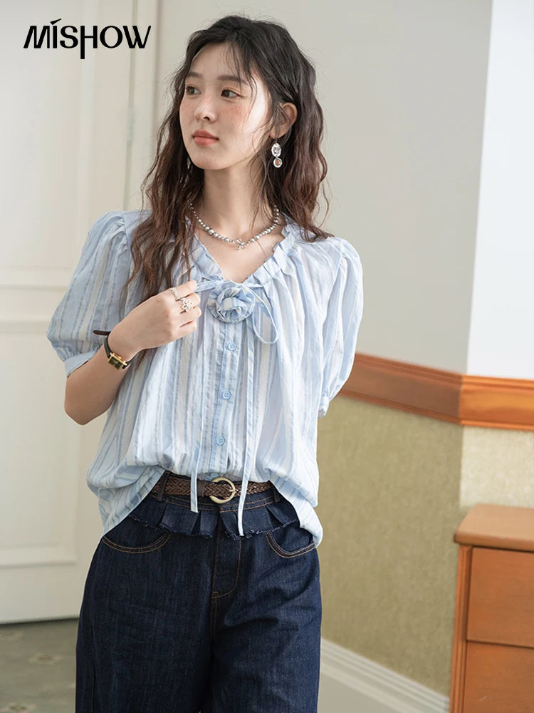 MISHOW Striped Puff Sleeve V-Neck Button Shirt MXE36X1870