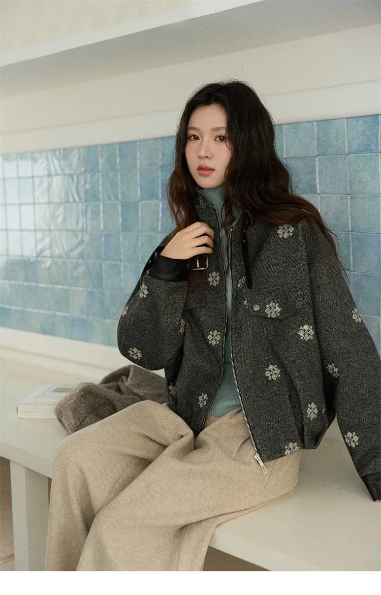 MISHOW Wool Blend Jacket Small Flower Embroidery Turtleneck Zipper MXE86W0906