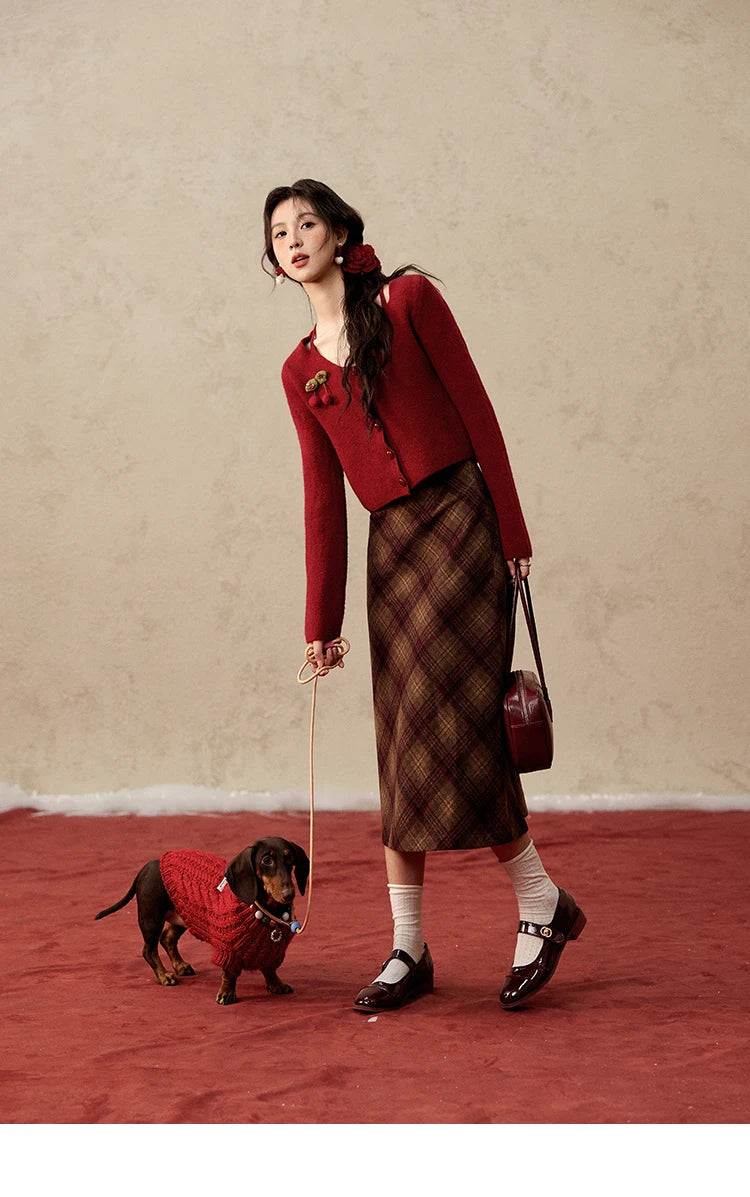 Mishow Red Cherry Ornament Slim V-Neck Cardigan MXD112Z1006