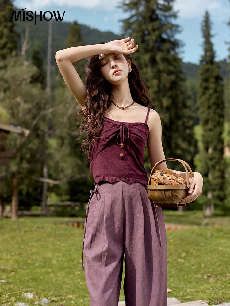 Mishow Purple Bow Tied Beaded Suspender Top MXD42Z0703