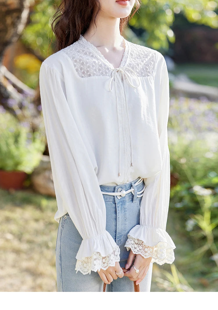 MISHOW Lace Patchwork Shirt V-Neck Fungus Edge Petal Sleeve MXE13X1713