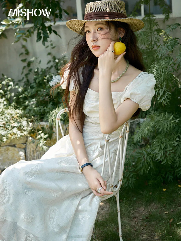 Mishow Paisley Embroidery Square Neck Puff Sleeve Dress MXE34L2265