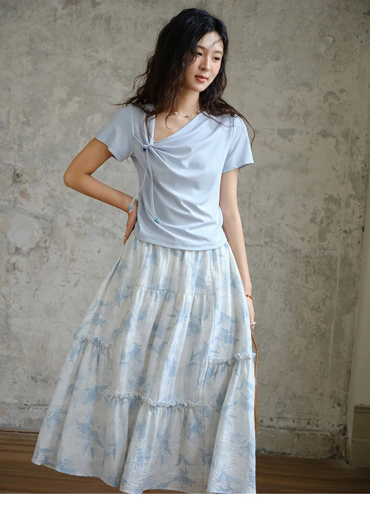 Mishow Lace-Up Print Top & Wide Leg Half Skirt Set MXE35T0596