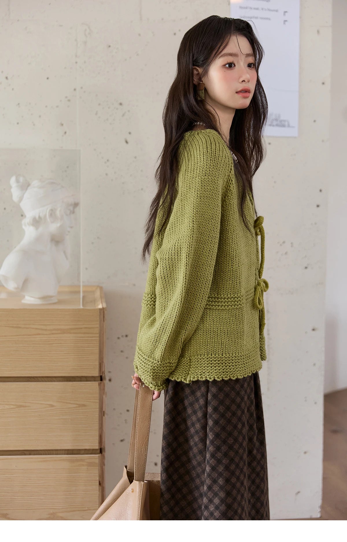 Mishow Avocado Green Lantern Sleeve Lace-Up Cardigan MXE51Z2694
