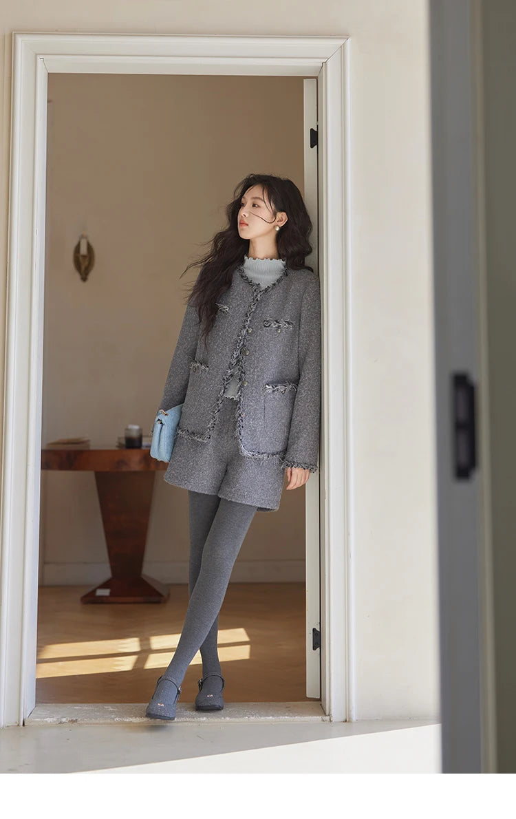 Mishow Plaid Tweed Jacket & Solid Shorts Set MXD35W0489