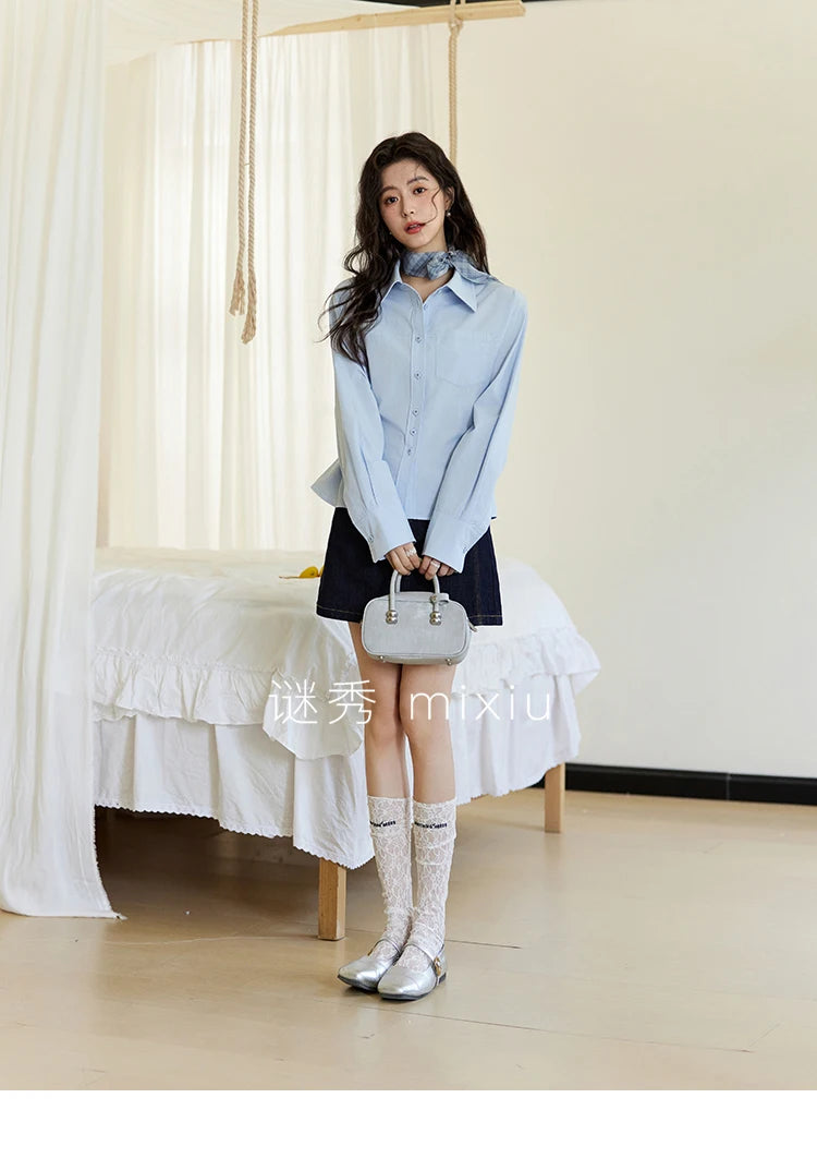 MISHOW Women's French Blue Shirt Polo Collar Waist Pocket MXE14C0753