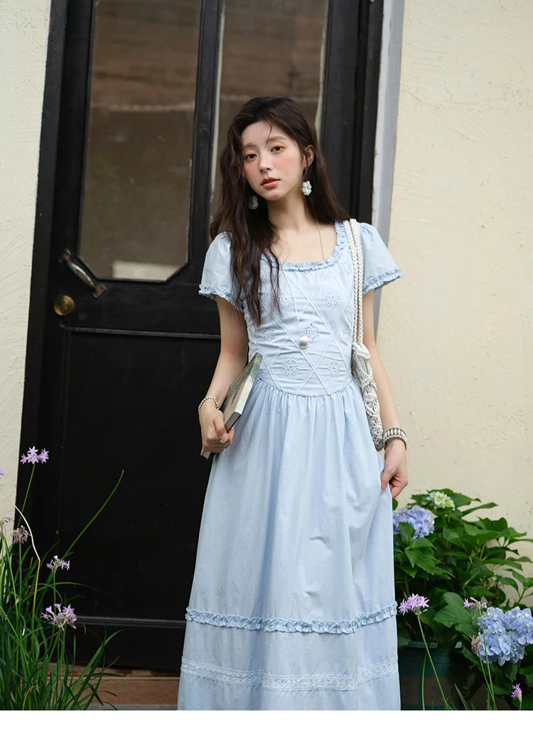 Mishow Blue Lace Mushroom Edge Puff Sleeve Dress MXE38L2348