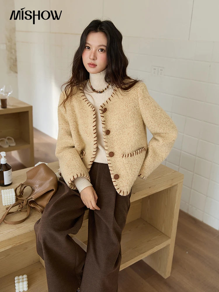 Mishow Apricot Round Neck Wool Blend Coat MXE88W0885