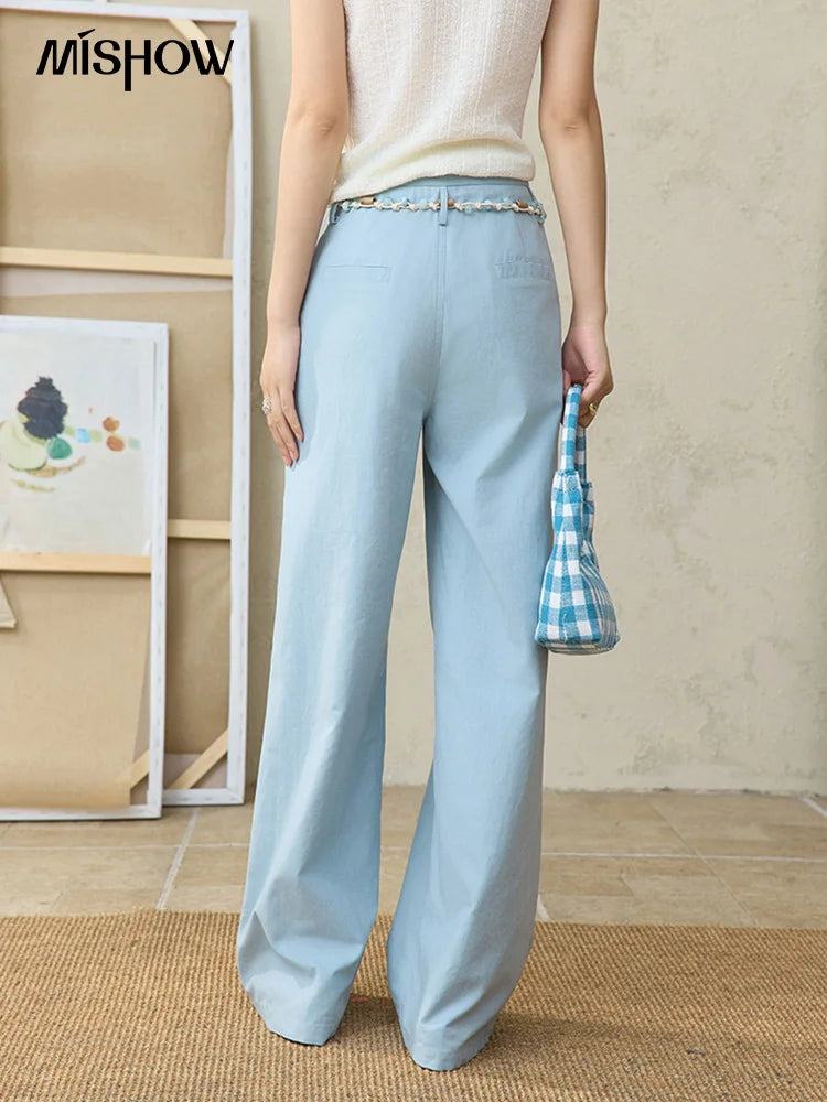MISHOW Sea Salt Blue Wide Leg Pants Contrasting Bead Belt MXE35K0931
