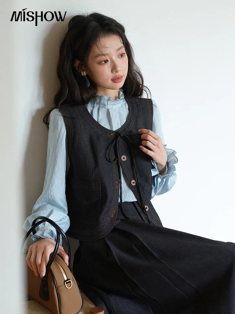 Mishow Deep Blue Imitation Denim Lace-Up Vest MXE41W0797