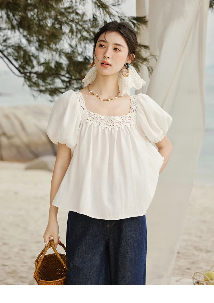 MISHOW Square Collar Puff Sleeve Blouse Lace Splicing MXE32X1780