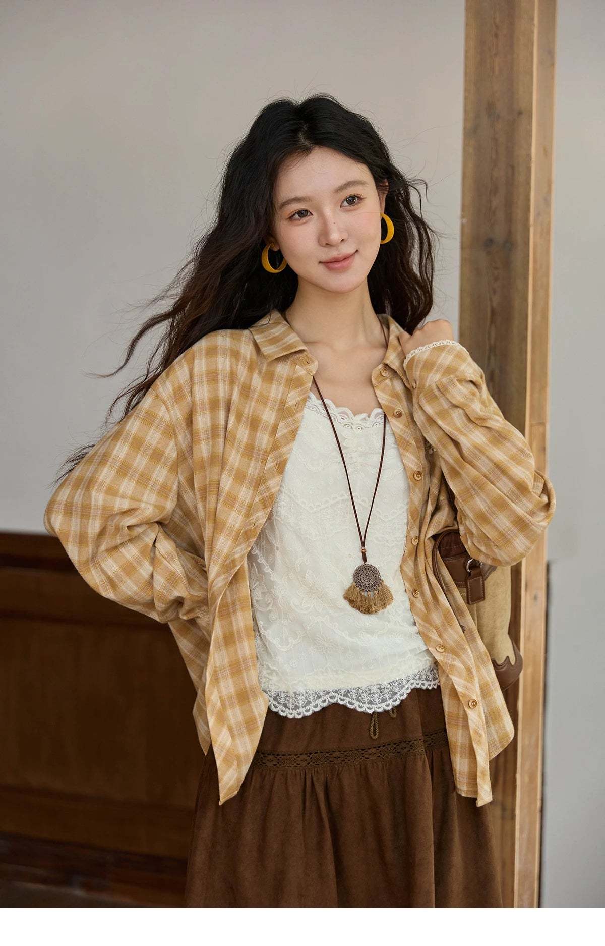 MISHOW Retro Plaid Shirt Lace Pocket Lapel Collar MXE43C2378