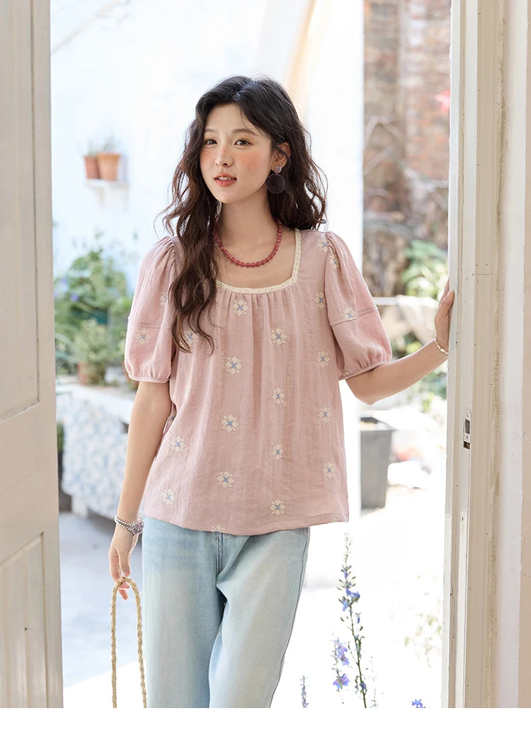 MISHOW Pink Embroidered Linen Blouse Square Collar Lace Patchwork MXE35X1834