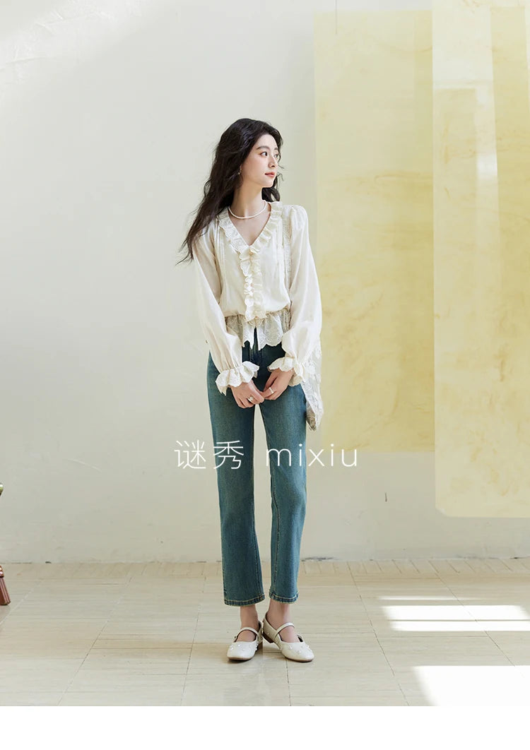 MISHOW V-Neck Long Sleeve Blouse Solid Loose Fold Detail MXE14X1732