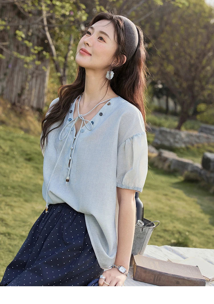 MISHOW Solid V-Neck Blouse Short Puff Sleeve Lace-Up MXE33X1743