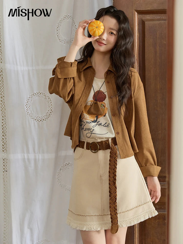 MISHOW Retro Turn Down Collar Short Jacket Patch Pocket MXE45C2413