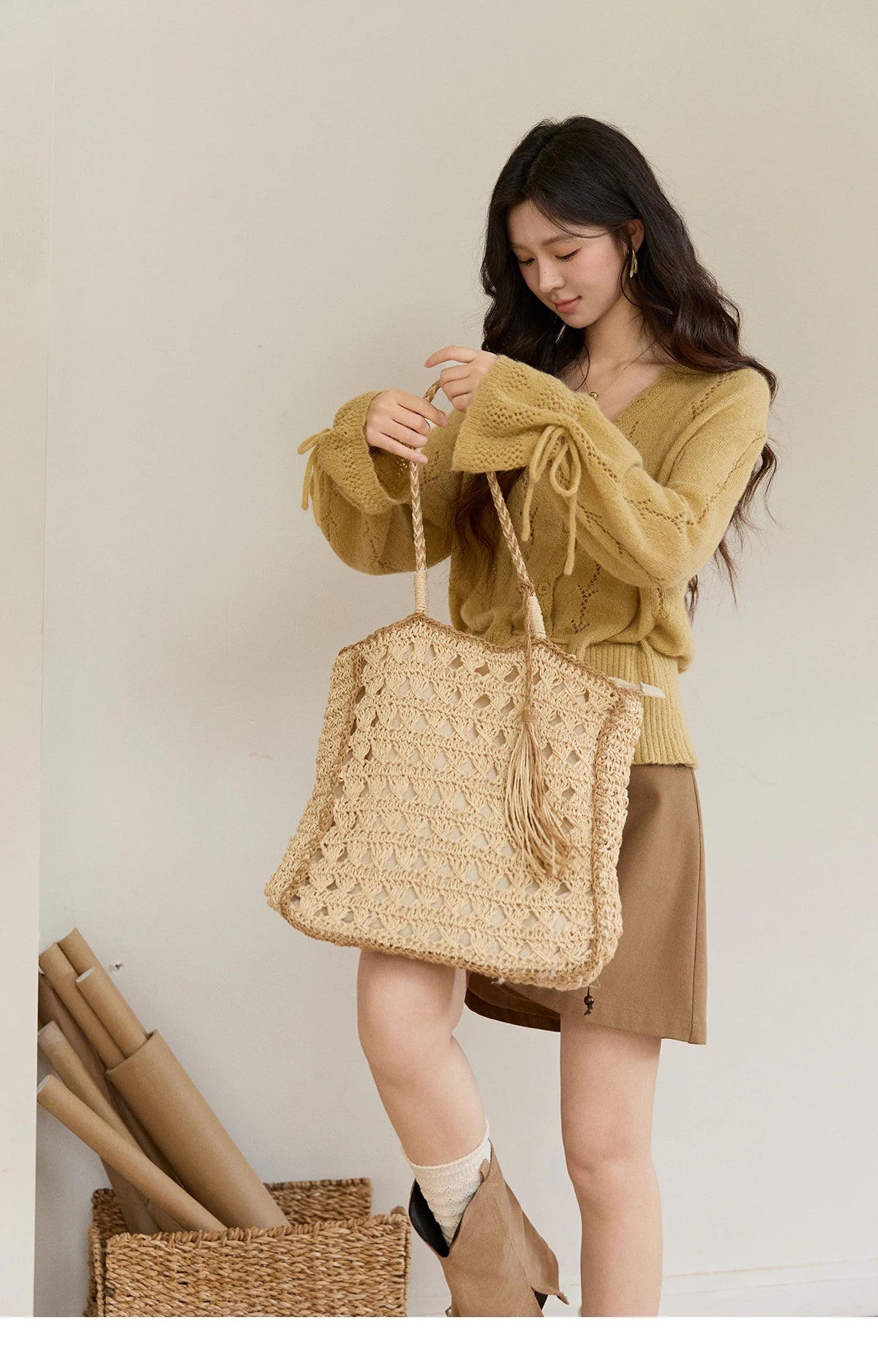Mishow Yellow Hollow V-Neck Drawstring Cardigan MXF108Z1022