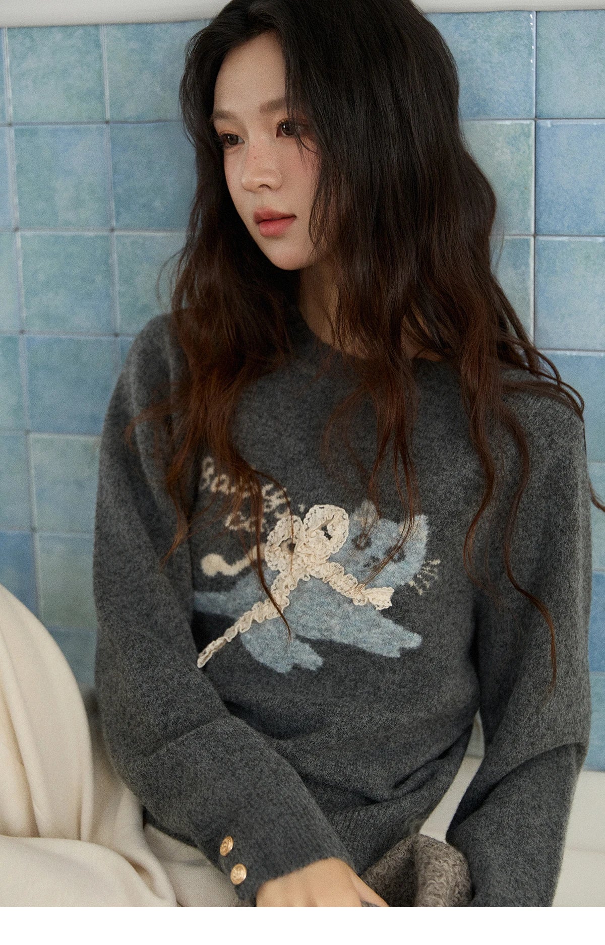 Mishow Cat Jacquard Three-Dimensional Bow Pullover MXE86Z2750