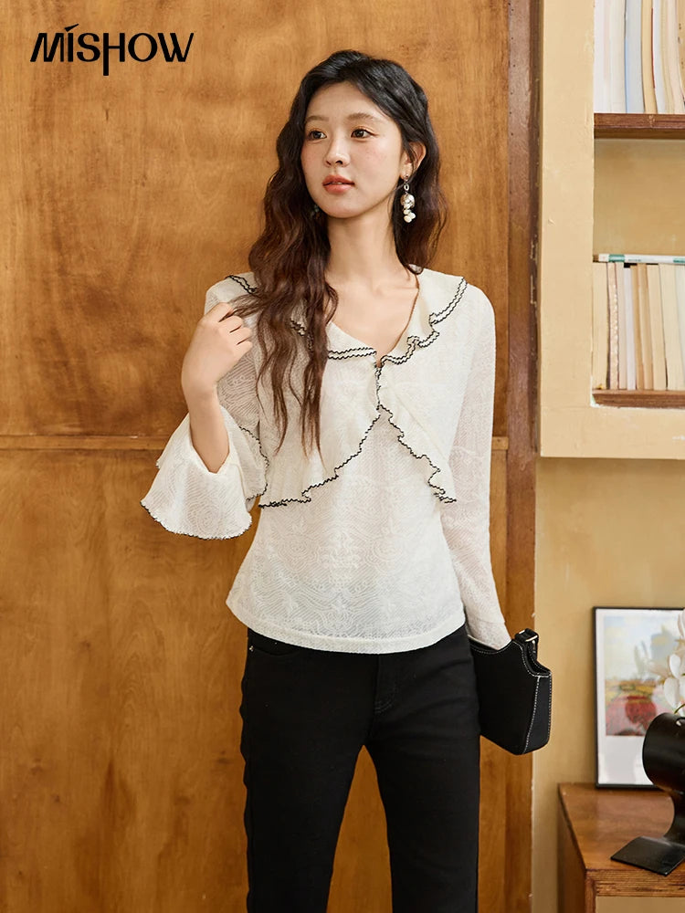 MISHOW Lace Blouse V-Neck Ruffle Edge Contrast Embroidery Flare Sleeve MXE45X2483