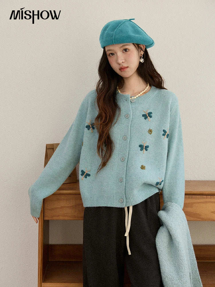 Mishow Blue Butterfly Embroidered O-Neck Cardigan MXE90Z2818