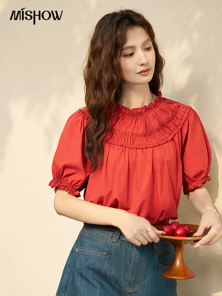MISHOW French Cotton Bubble Sleeve Blouse Lace Collar MXD23X1500