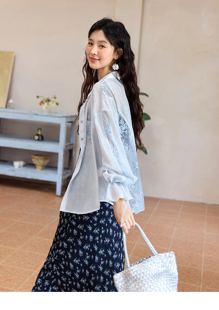 MISHOW Women's Patchwork Lace Shirt Lapel Drop Sleeve Drawstring Cuffs MXE31C0789