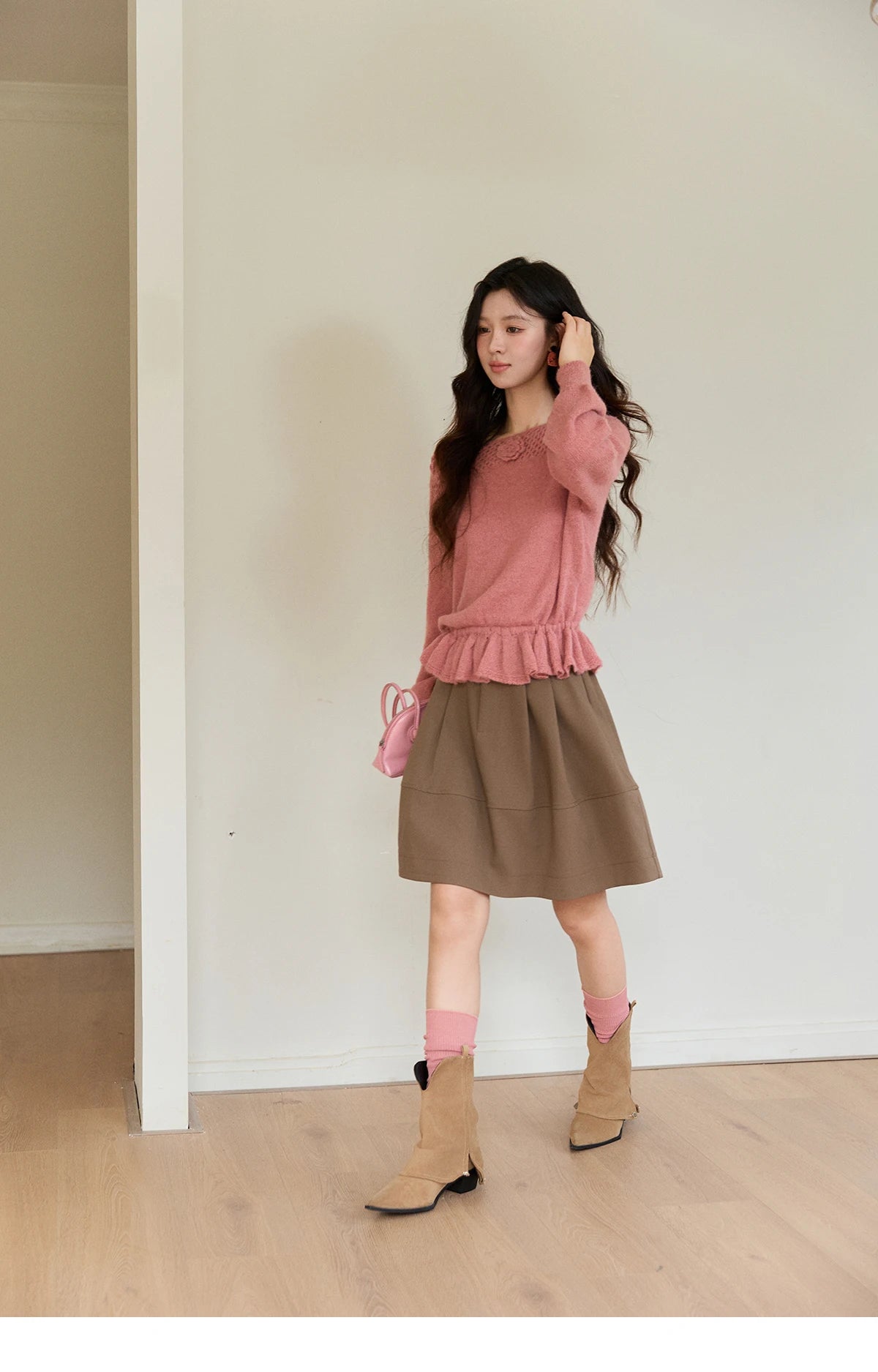 Mishow Pink Hollow Floral Ruffled Hem Sweater MXE94Z2865