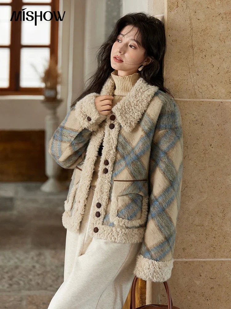 MISHOW Splicing Fleece Plaid Tweed Jacket Turn Down Collar MXD55W0574