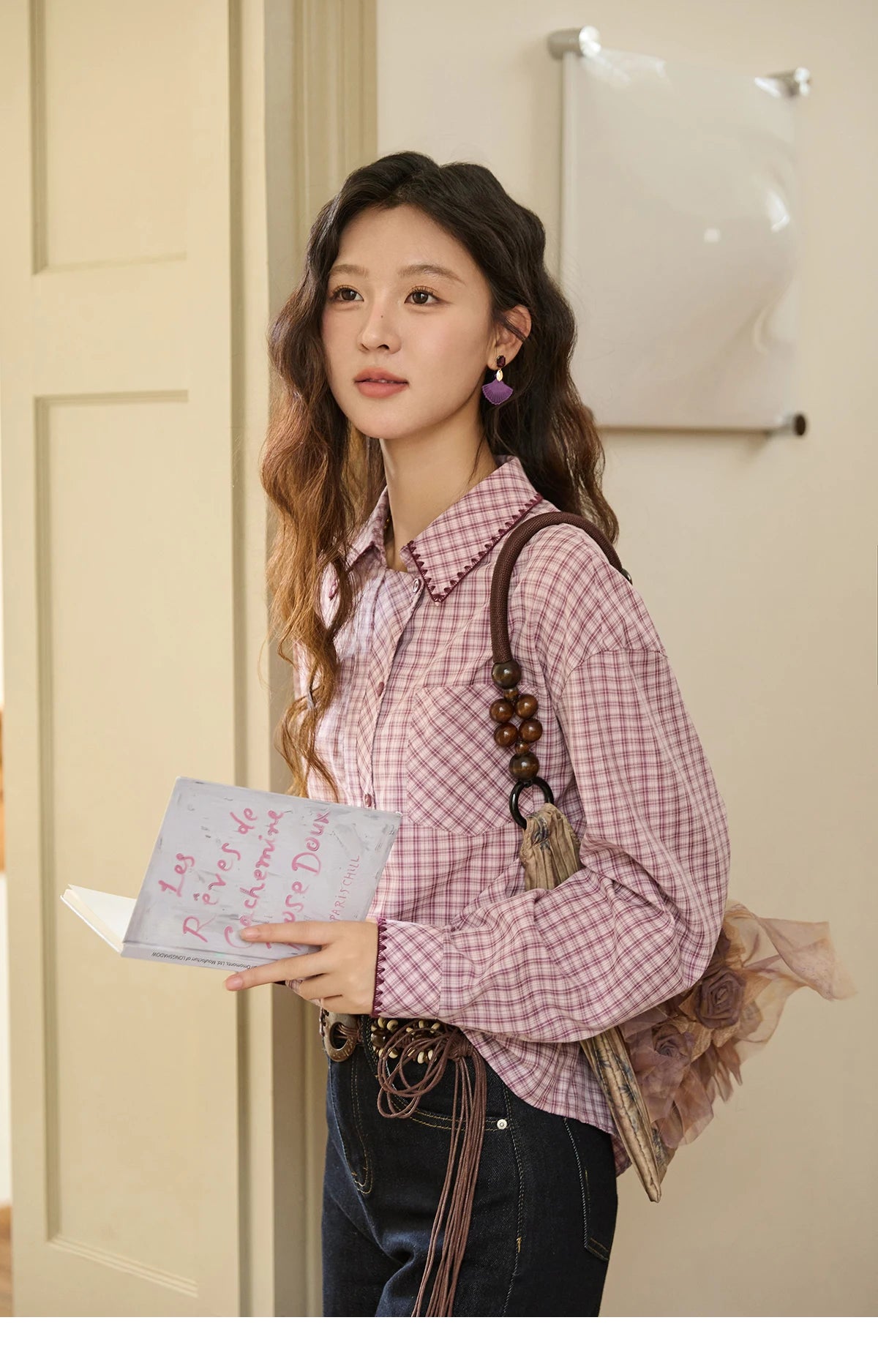 MISHOW Purple Plaid Shirt Contrast Embroidery Pocket MXE44C2394
