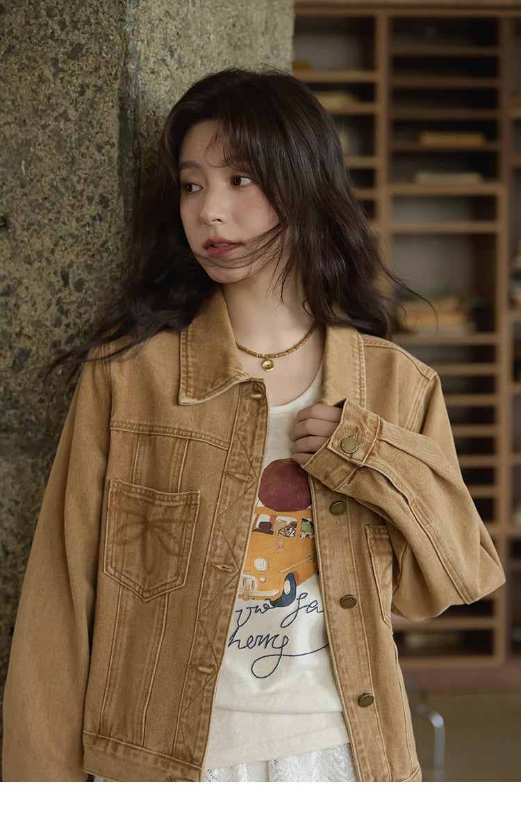 MISHOW Light Brown Denim Jacket Embroidered Pockets Dropped Sleeve MXE41W0795
